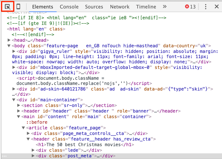 Finding elements on page in Chrome.